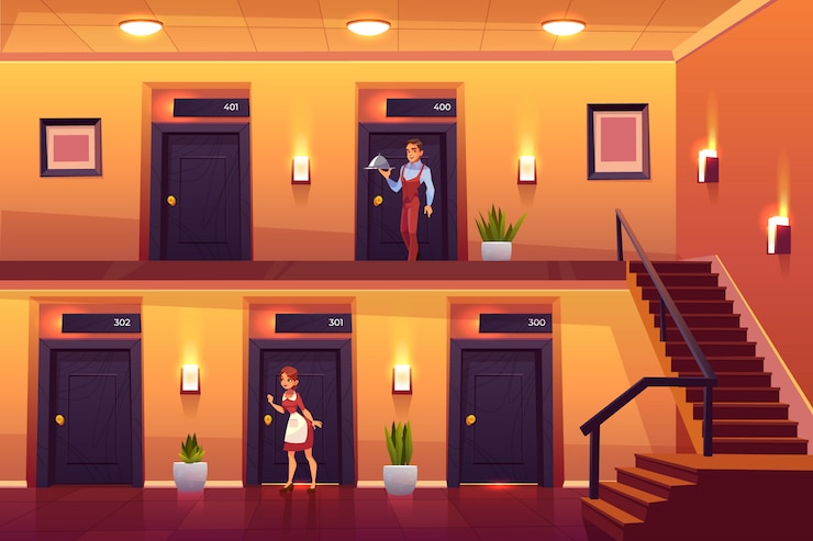 Vector gratuito el personal del hotel ofrece servicio de camarera y camarero a los clientes que traen comida a la habitación y llaman a la puerta para limpiarla.
