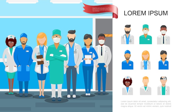 Personal médico plano colorido con médicos y enfermeras en diferentes uniformes profesionales ilustración