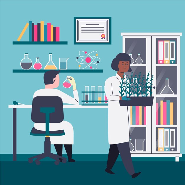 Personas con abrigos que trabajan en un laboratorio de ciencias.