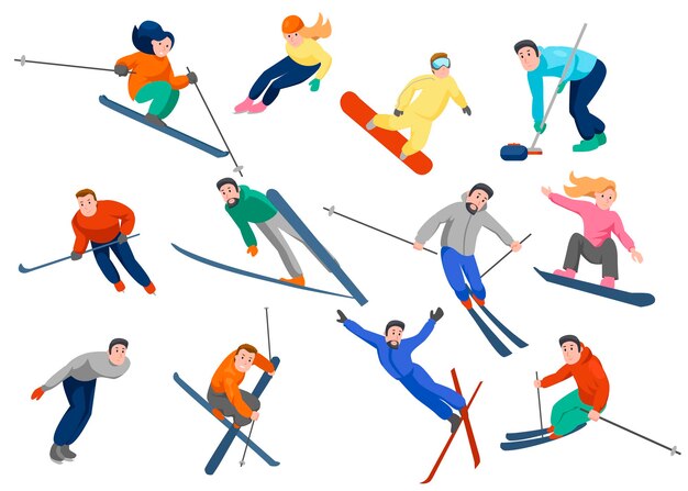 Personas activas que practican deportes como skate, esquí, snowboard, curling. Personajes masculinos y femeninos en diferentes poses y equipo de invierno conjunto de ilustraciones vectoriales de dibujos animados. Concepto de actividades de invierno