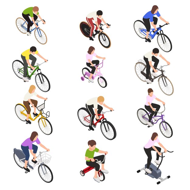 Personas adultas y niños montando en carreteras deportivas y bicicletas para caminar conjunto isométrico ilustración vectorial aislada