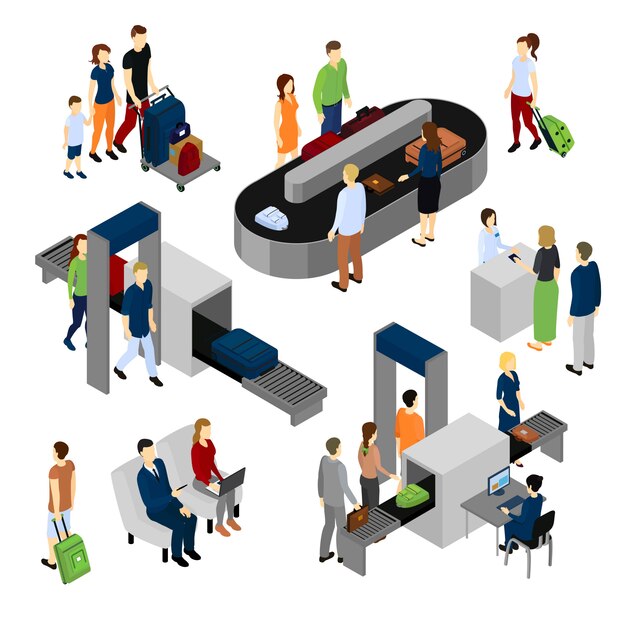 Personas en el aeropuerto conjunto isométrico