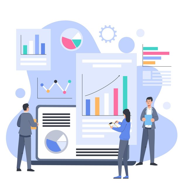 Personas analizando tablas de crecimiento ilustradas.