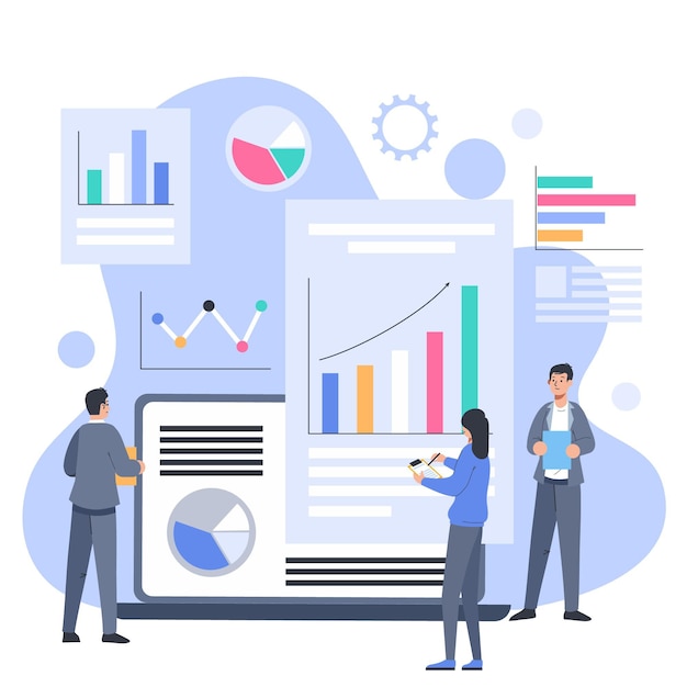 Personas analizando tablas de crecimiento ilustradas.