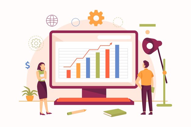 Personas analizando tablas de crecimiento ilustradas.