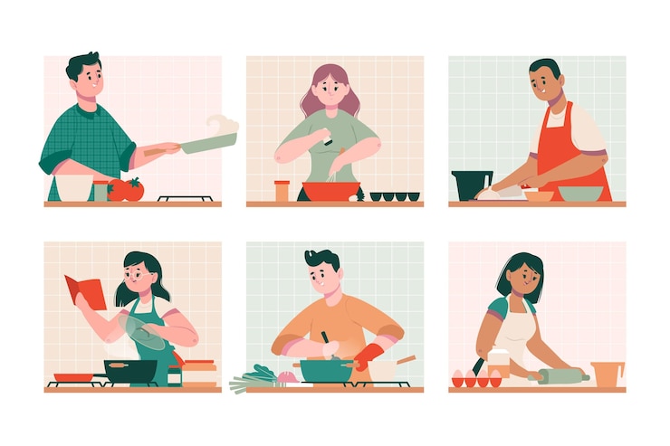 Vector gratuito personas aprendiendo a cocinar de libros e internet