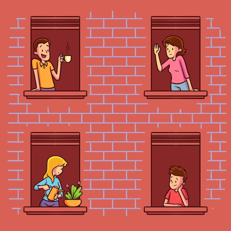 Vector gratuito personas en balcones para cuarentena
