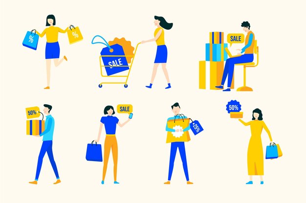 Personas con bandejas de compras dibujadas a mano plana.