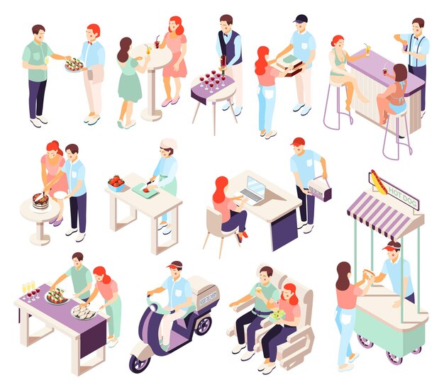 Personas en banquetes y servicio de catering iconos isométricos conjunto aislado sobre fondo blanco 3d ilustración vectorial