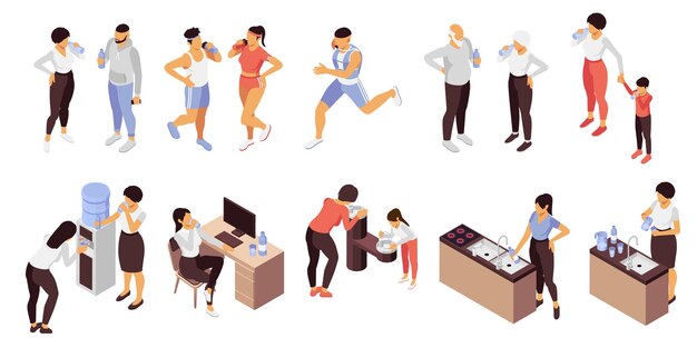 Personas bebiendo agua con símbolos deportivos isométricos ilustraciones vectoriales aisladas