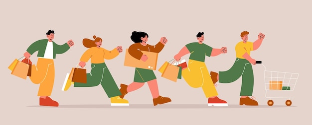 Personas con bolsas y carrito de compras corren concepto de descuento de venta de tienda en la tienda vector ilustración plana de multitud de hombres y mujeres emocionados que corren rápido y se apresuran a comprar