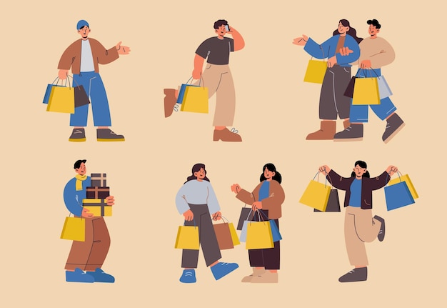 Vector gratuito personas con bolsas de compras y cajas de regalo. clientes felices de la tienda, compradores en el centro comercial. conjunto plano vectorial de personas que llevan paquetes. mujeres y hombres caminando con bolsas aisladas en el fondo