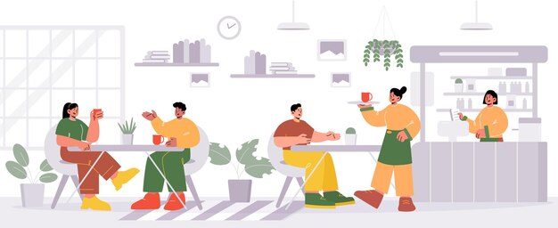 Personas en cafetería o restaurante Vector ilustración plana del interior de la cafetería con mesas, sillas, mostradores de bar, plantas y estantes con libros Cafetería con camarera llevando bandeja con taza