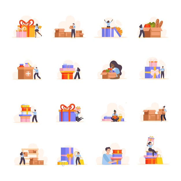 Personas con cajas de iconos planos aislados con personajes humanos de garabatos y paquetes de regalos festivos ilustración vectorial