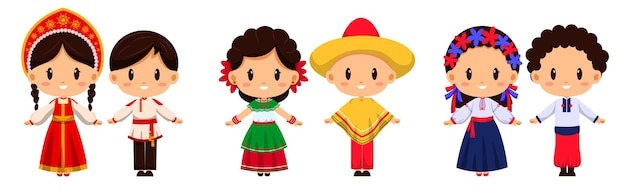 Personas con carácter de vestimenta tradicional. La vestimenta internacional representa la cultura de los pueblos de todo el mundo.