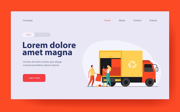 Vector gratuito personas cargando basura en la página de destino del camión en estilo plano