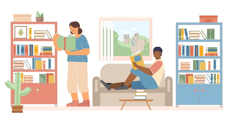 Vector gratuito personas en casa leyendo libros que están en los estantes.