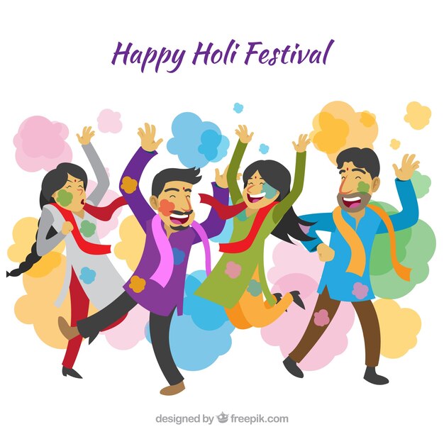 Personas celebrando el festival holi en estilo plano