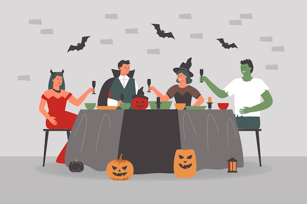 Vector gratuito personas en la cena de halloween espeluznante