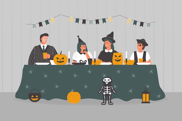 Vector gratuito personas en la cena de halloween espeluznante