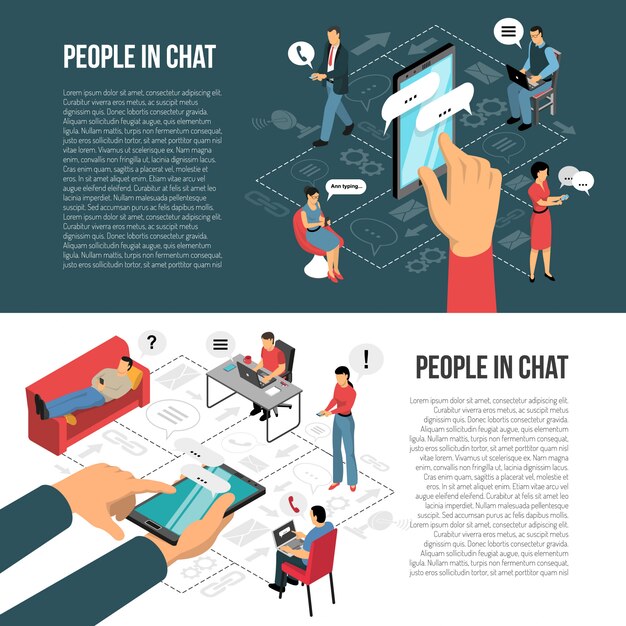 Personas chateando pancartas isométricas en línea