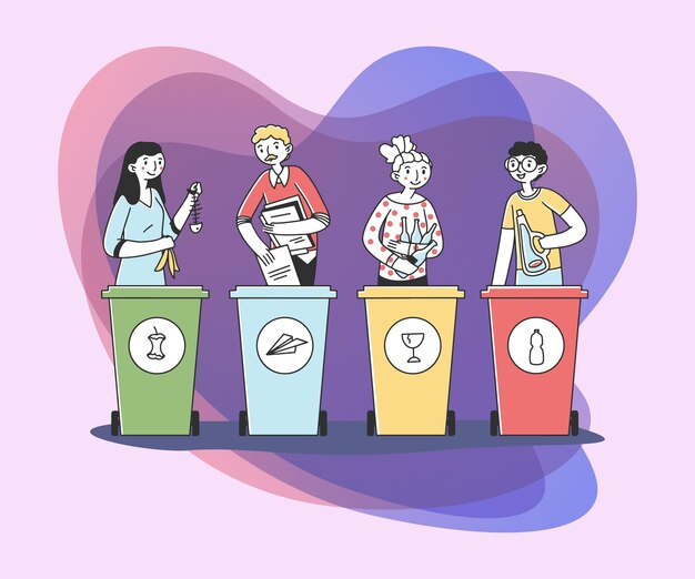 Personas clasificando basura y basura Ilustración vectorial plana