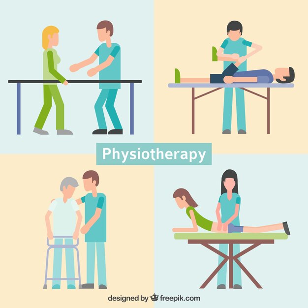 Personas en clínica de fisioterapia dibujadas a mano