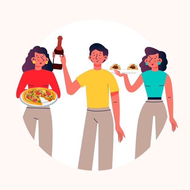Personas con comida y vino