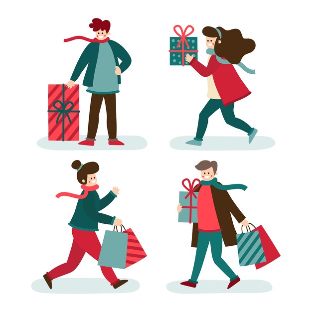 Personas comprando y sosteniendo regalos para navidad