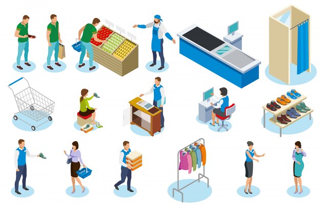 Personas durante compras isométricas con equipo comercial