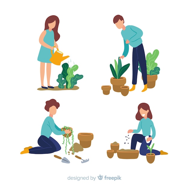 Vector gratuito personas cuidando plantas