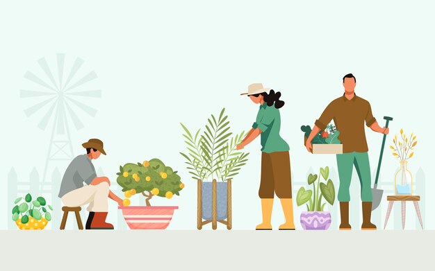 Personas cuidando plantas.