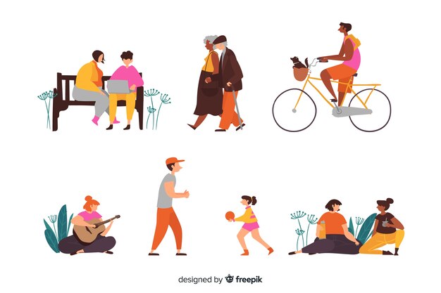 Personas dibujadas haciendo actividades al aire libre