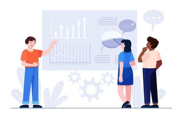Personas dibujadas a mano analizando tablas de crecimiento