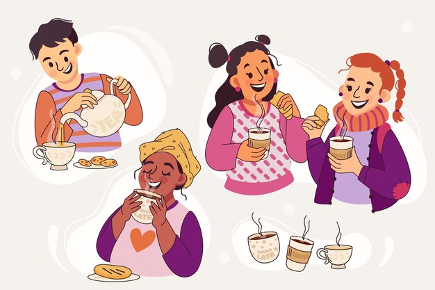 Personas dibujadas a mano con bebidas calientes.