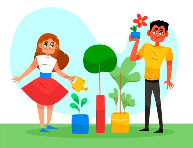 Personas dibujadas a mano cuidando plantas al aire libre.