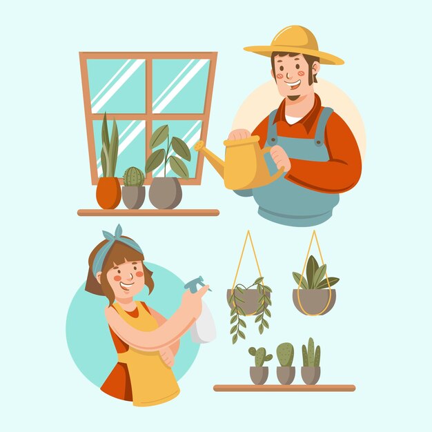 Personas dibujadas a mano cuidando plantas.