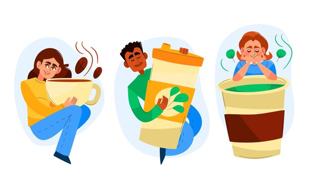 Personas dibujadas a mano con diferentes bebidas calientes.