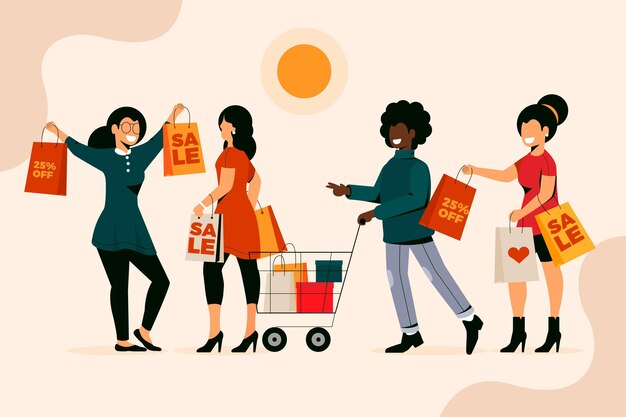 Personas dibujadas a mano plana con bolsas de la compra.