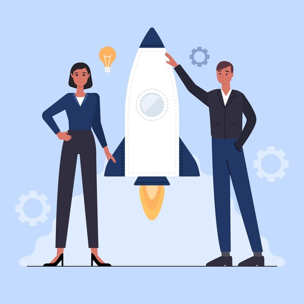 Personas dibujadas a mano plana que comienzan un proyecto empresarial con nave espacial