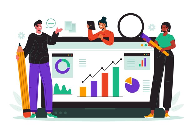 Personas dibujadas a mano recopilando datos con dispositivo.
