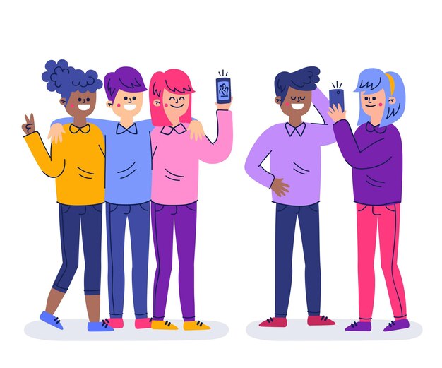 Personas dibujadas a mano tomando selfie con teléfono