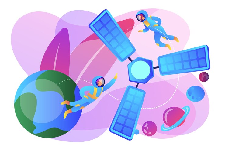 Vector gratuito personas diminutas astronautas en el espacio exterior y satélites que orbitan la tierra. lanzamiento de satélite, sistema de lanzamiento orbital, concepto de inicio de cohete portador. ilustración aislada violeta vibrante brillante