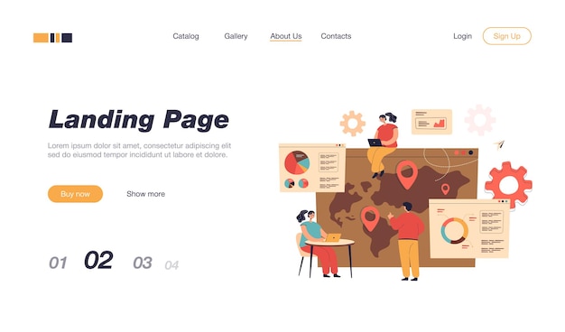 Vector gratuito personas diminutas con computadoras portátiles que realizan una plantilla de página de destino de investigación empresarial global