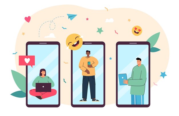 Personas diminutas en la pantalla de los teléfonos móviles que utilizan servicios en línea. Mujeres y hombres con computadora portátil, teléfono inteligente o tableta que se comunican con la ilustración de vector plano. Internet, comunicación, concepto de entrevista de trabajo