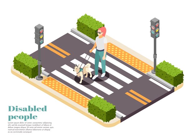 Personas con discapacidad isométrica con guía de perro que lleva a una mujer ciega a través de la ilustración de la carretera