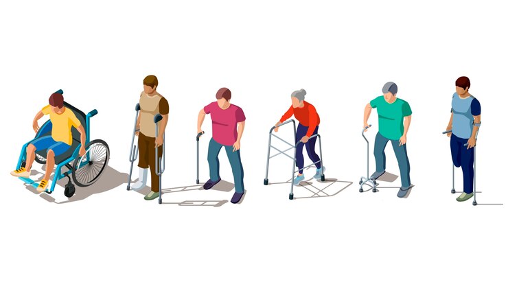 Vector gratuito personas con discapacidad y con muletas ilustración.