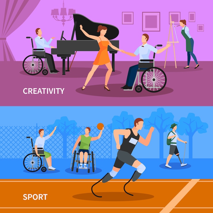 Vector gratuito personas con discapacidad practicando deporte y llevando una vida creativa plena.