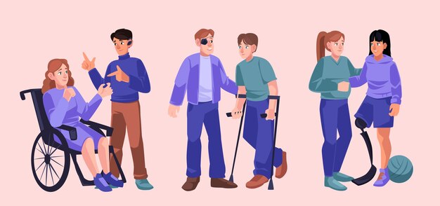 Personas con discapacidades diversas, incapacidades físicas. Conjunto vectorial de ilustraciones planas con hombres y mujeres en silla de ruedas, con muletas, prótesis de pierna, audífono y vendaje en el ojo