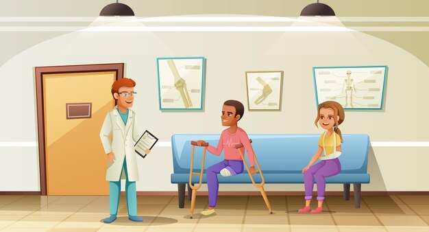 Personas discapacitadas hombre con pierna amputada y mujer con brazo roto en sala de espera con ilustración de vector de dibujos animados médico